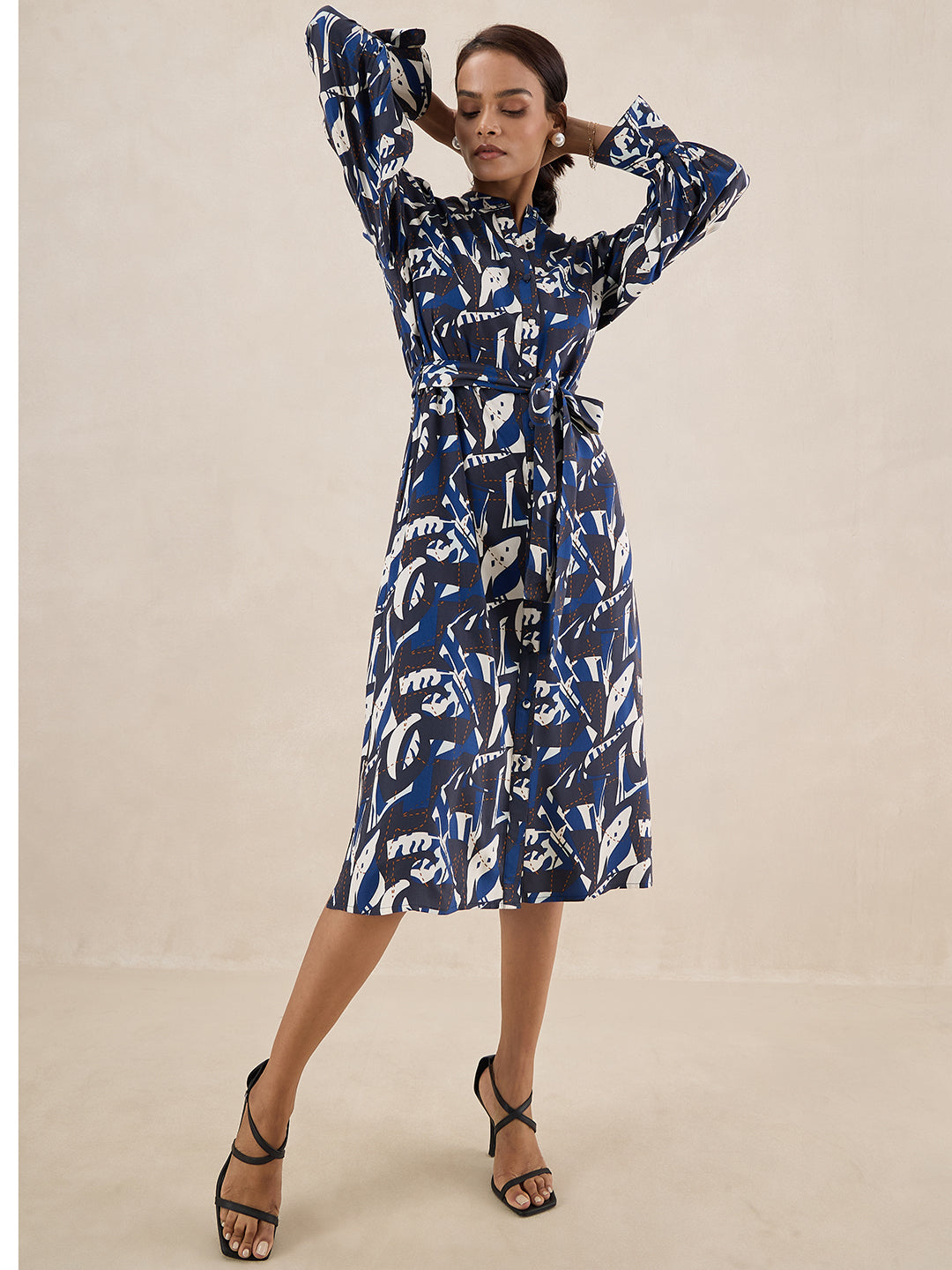 Blue Abstract Printed Belted Midi Dress