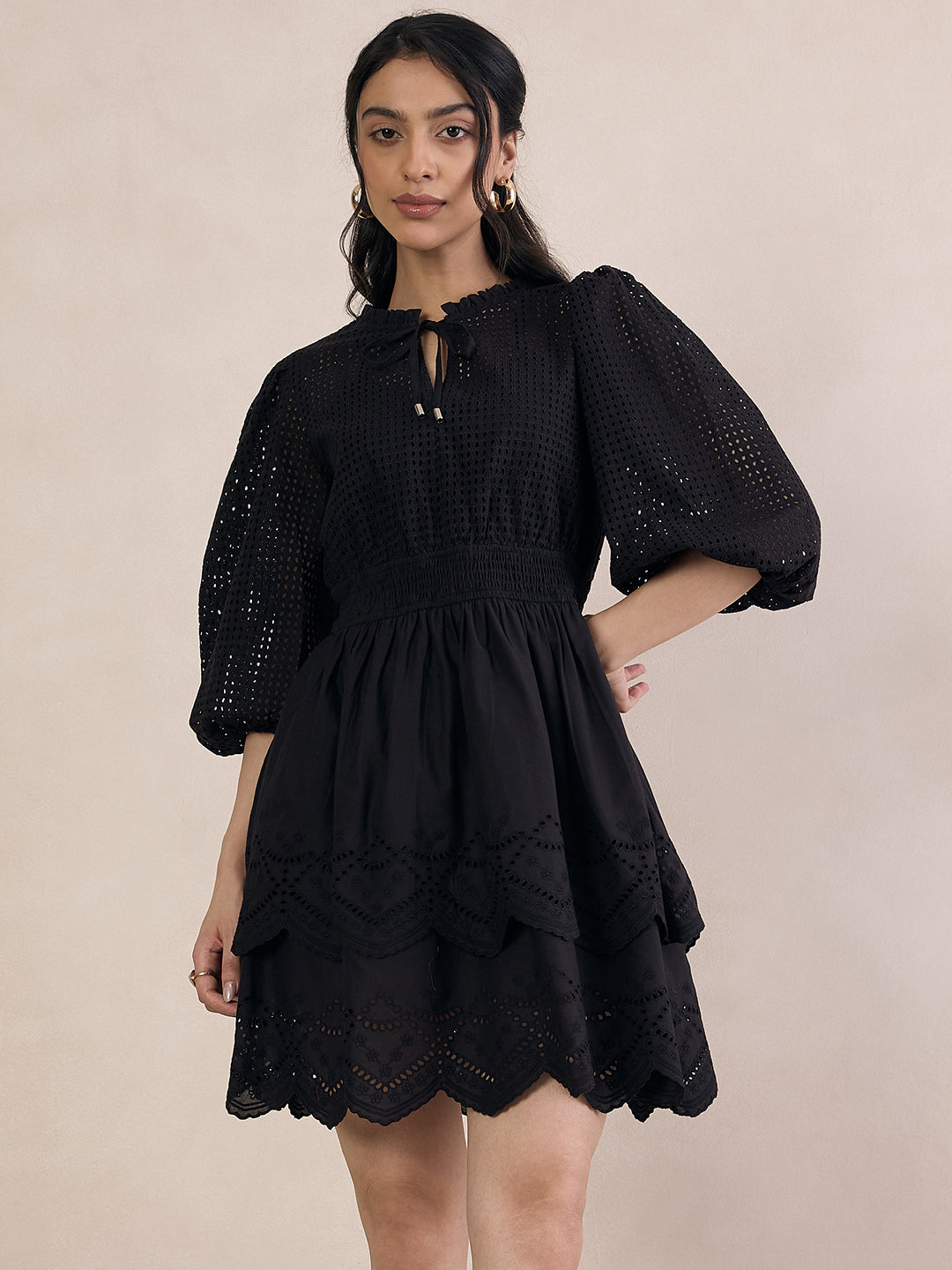 Black Schiffli Smocked Mini Dresss