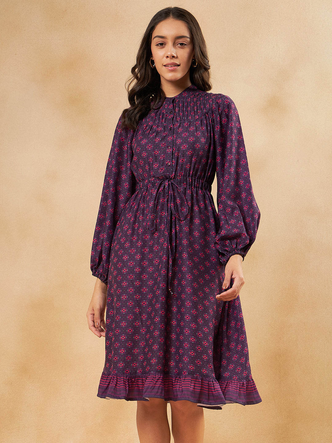 Purple Tile Printed Elasticated Midi Dress