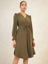 Olive Crinkle Drawstring Detail Midi Dress