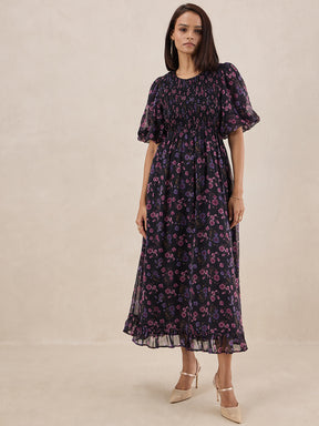 Black Floral Print Smocked Maxi Dress