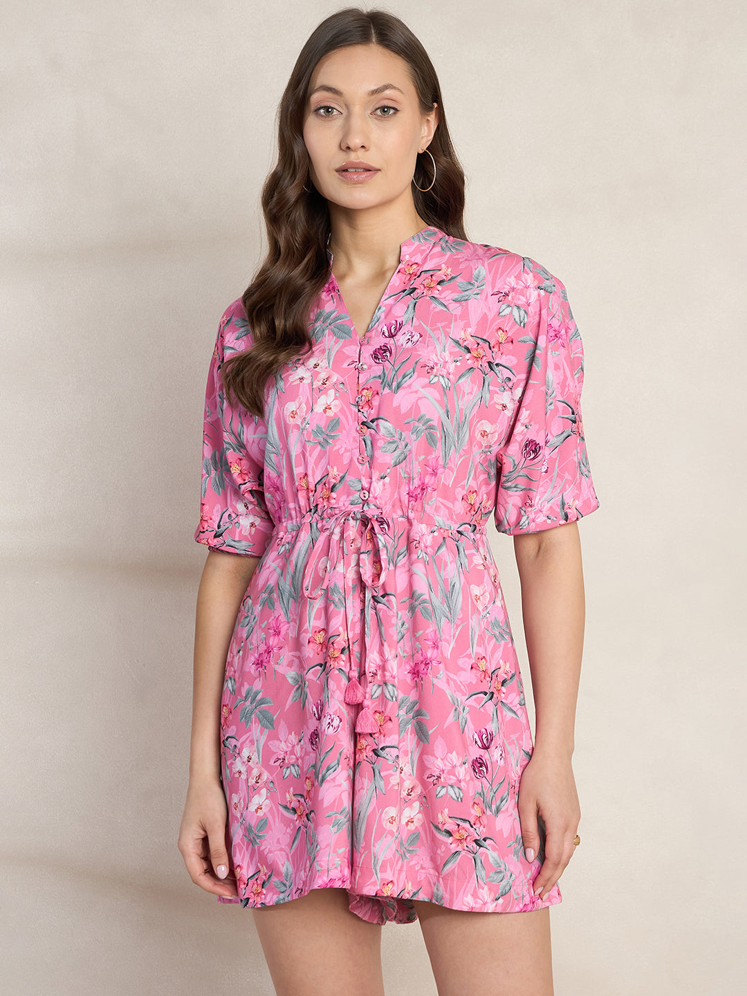 Pink Tropical Print Playsuit