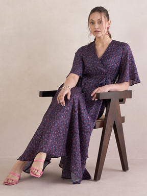 Navy Abstract Chanderi Wrap Maxi Dress