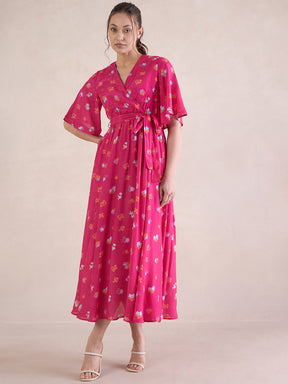 Pink Floral Chanderi Wrap Maxi Dresss