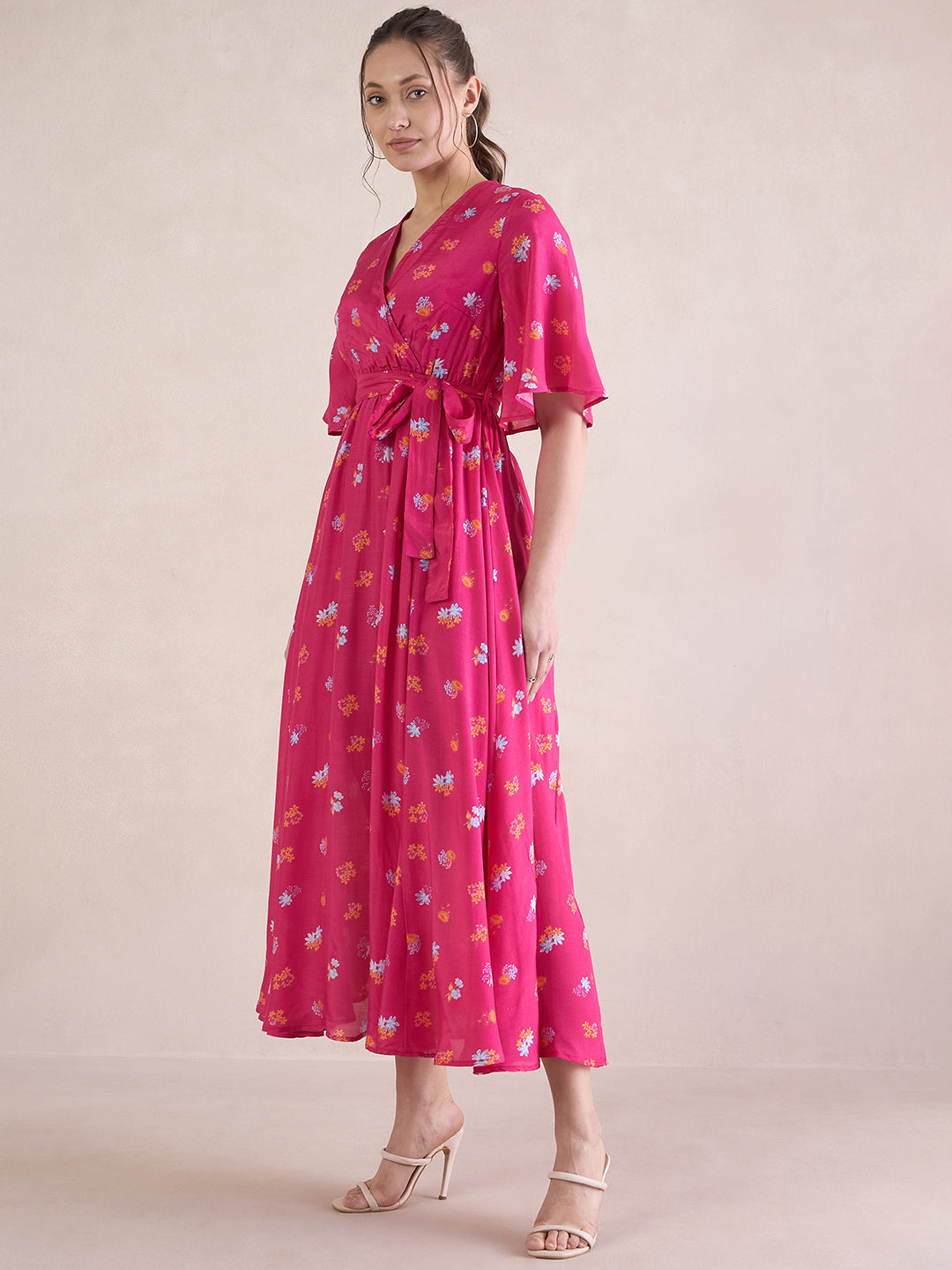 Pink Floral Chanderi Wrap Maxi Dresss