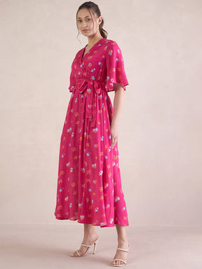 Pink Floral Chanderi Wrap Maxi Dresss