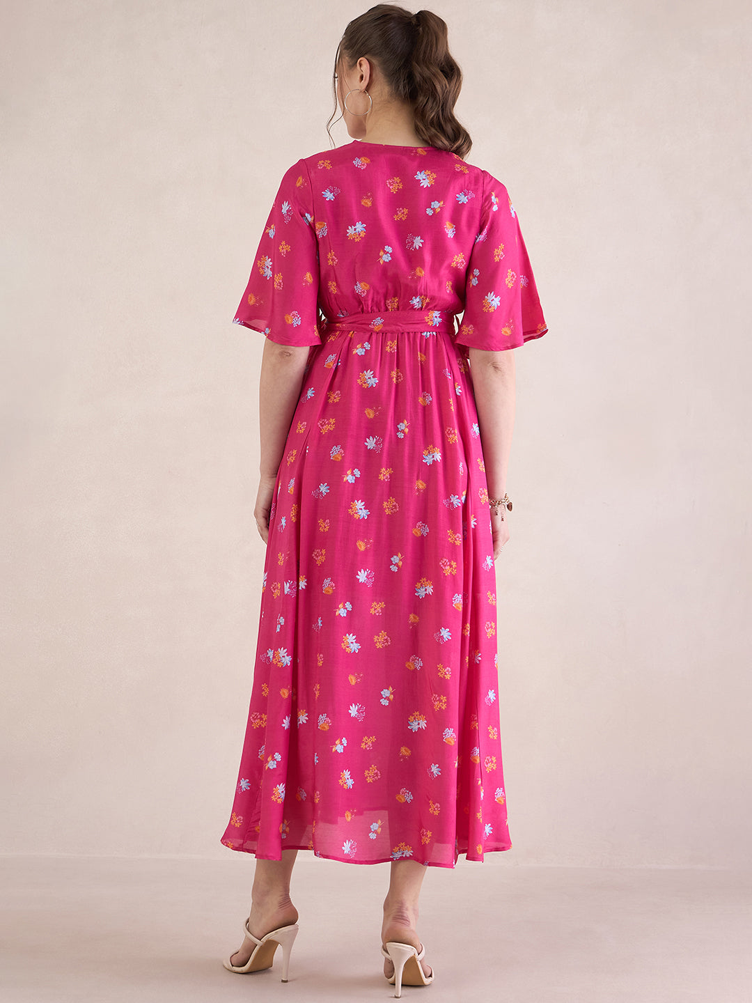 Pink Floral Chanderi Wrap Maxi Dresss