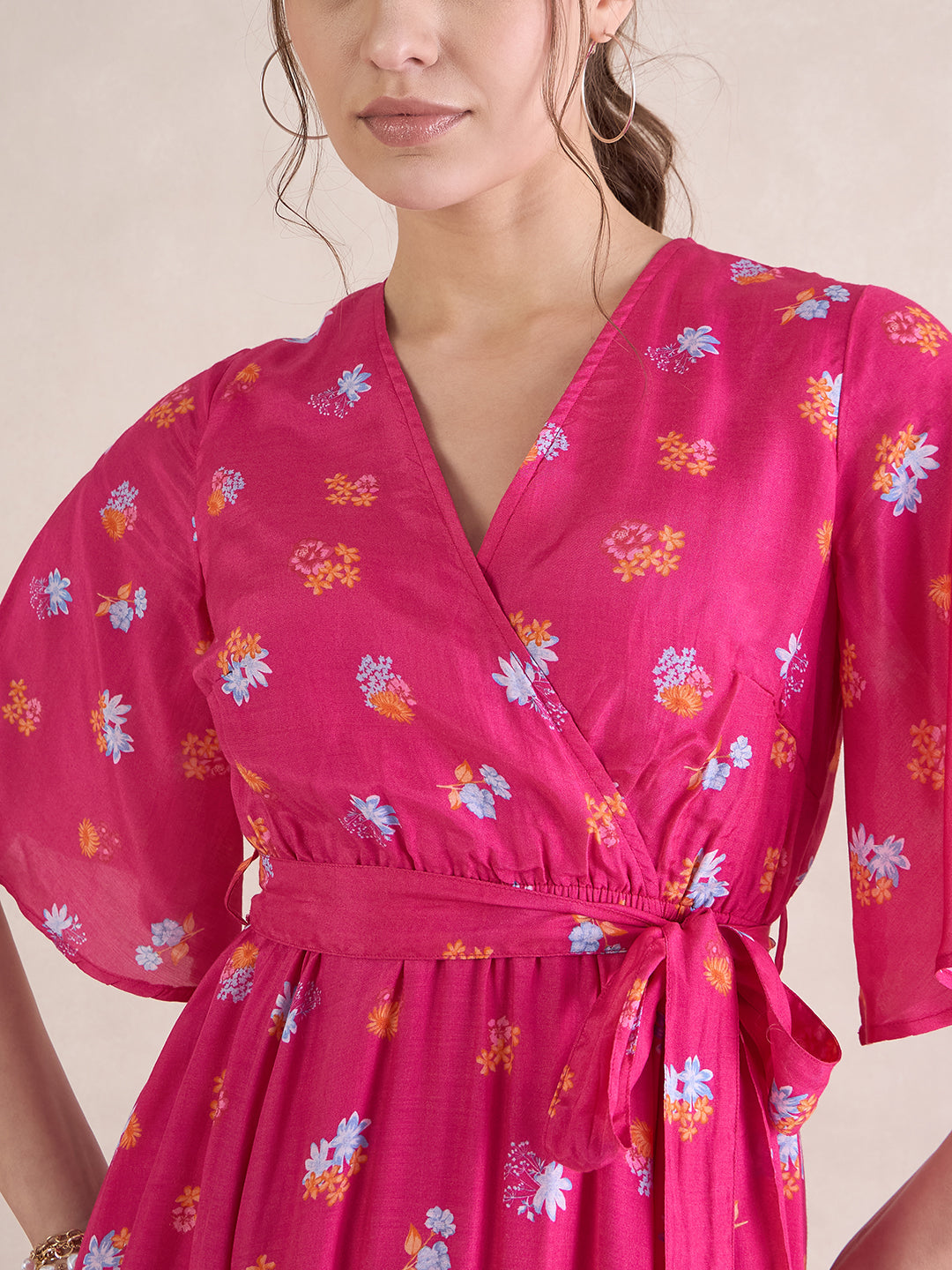 Pink Floral Chanderi Wrap Maxi Dresss