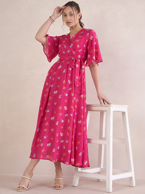 Pink Floral Chanderi Wrap Maxi Dresss