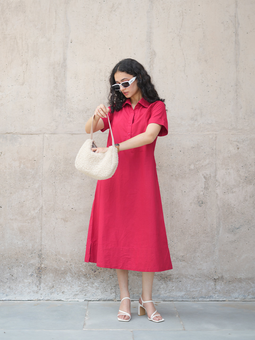 Red Poplin Button Down Midi Dress