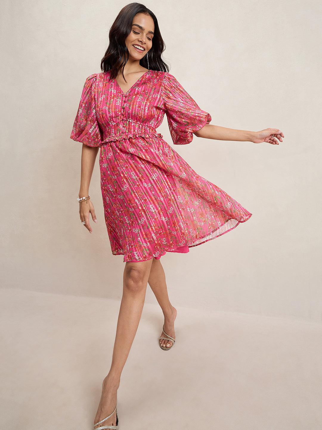Pink Floral Print Balloon Sleeves Knee Length Dress