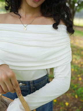 White Knit Bandeau Ruched Detail Top