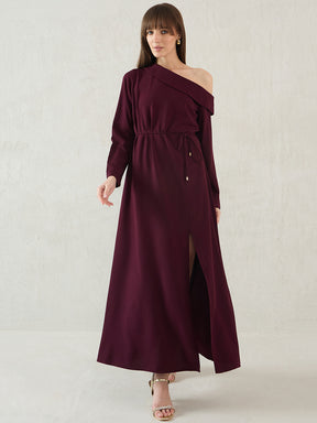 Wine One Shoulder Slit Detail Maxi Dress