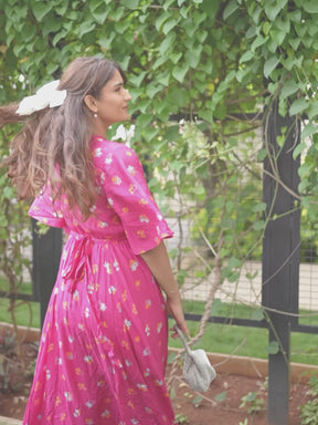 Pink Floral Chanderi Wrap Maxi Dresss