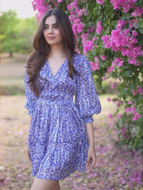 Blue Floral Lurex Tiered Mini Dress