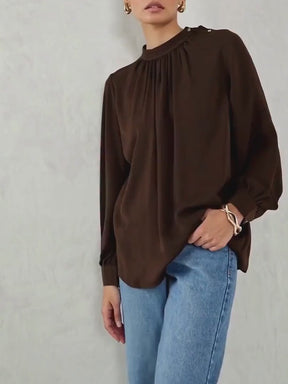 Brown Satin Shoulder Button Detail Top