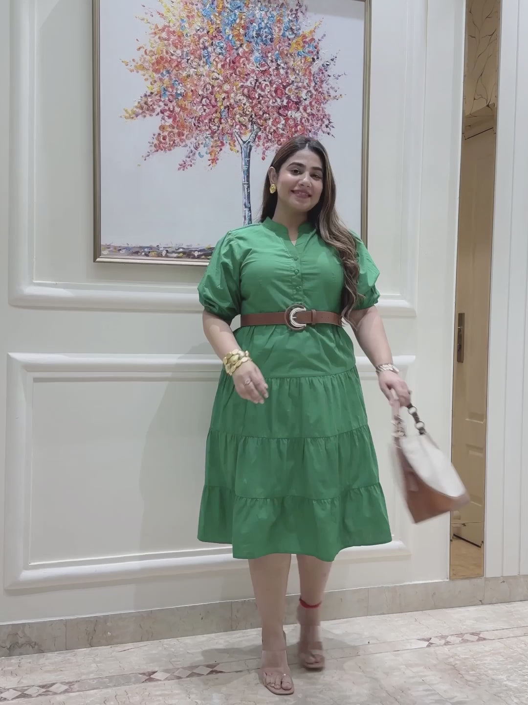 Green Poplin Tiered Midi Dress