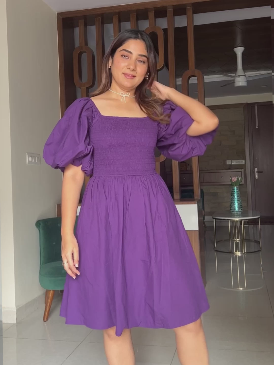 Purple Poplin Smocked Mini Dress