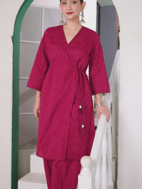 Deep Red Angrakha Cotton Embroidered Kurta With Straight Pant