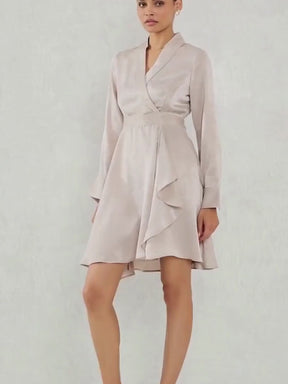 Beige Satin Wrap Mini Dress