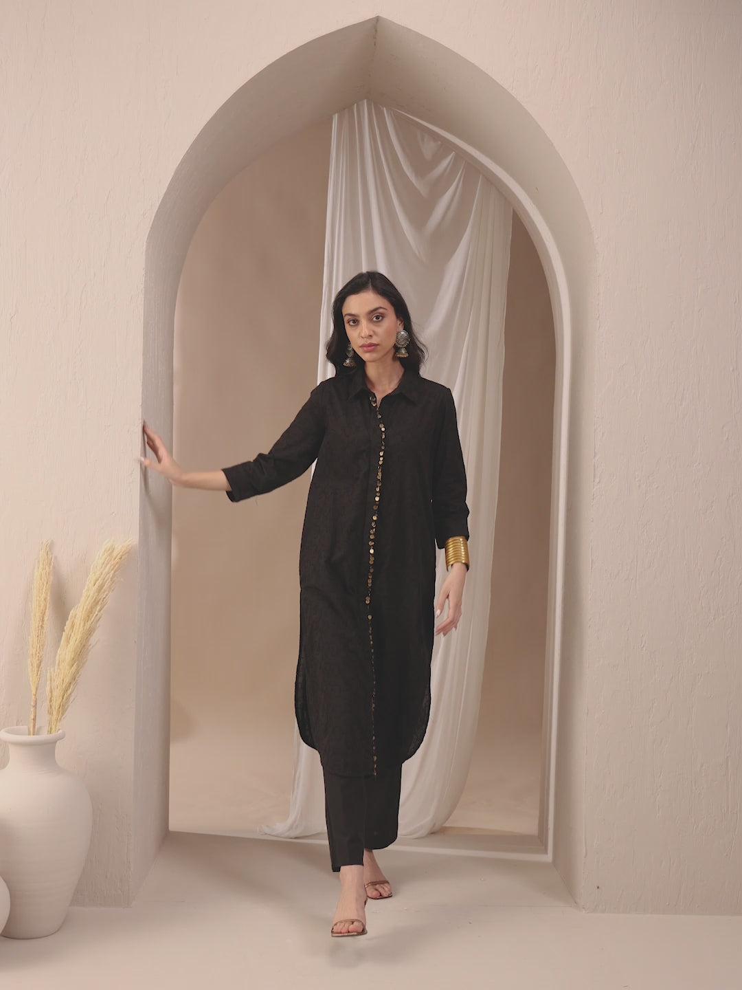 Black Coin Detail Cotton Embroidered Tunic With Straight Pant