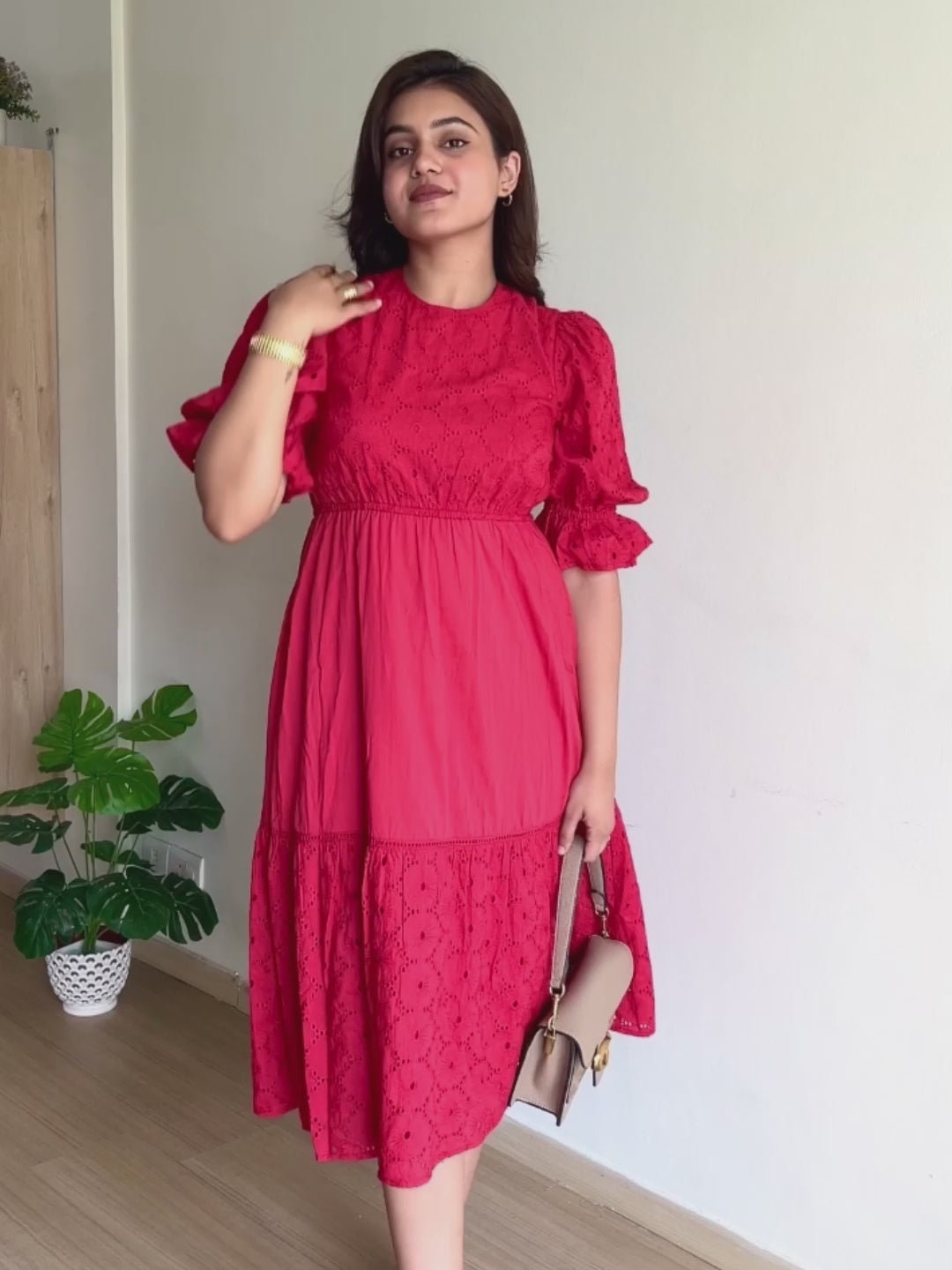 Red Cotton Schiffli Tiered Midi Dress