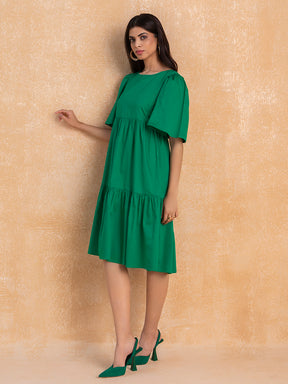 Green Cotton Round Neck Tier Midi Dress