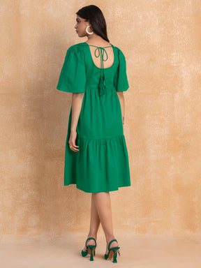 Green Cotton Round Neck Tier Midi Dress