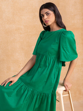 Green Cotton Round Neck Tier Midi Dress