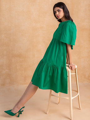 Green Cotton Round Neck Tier Midi Dress