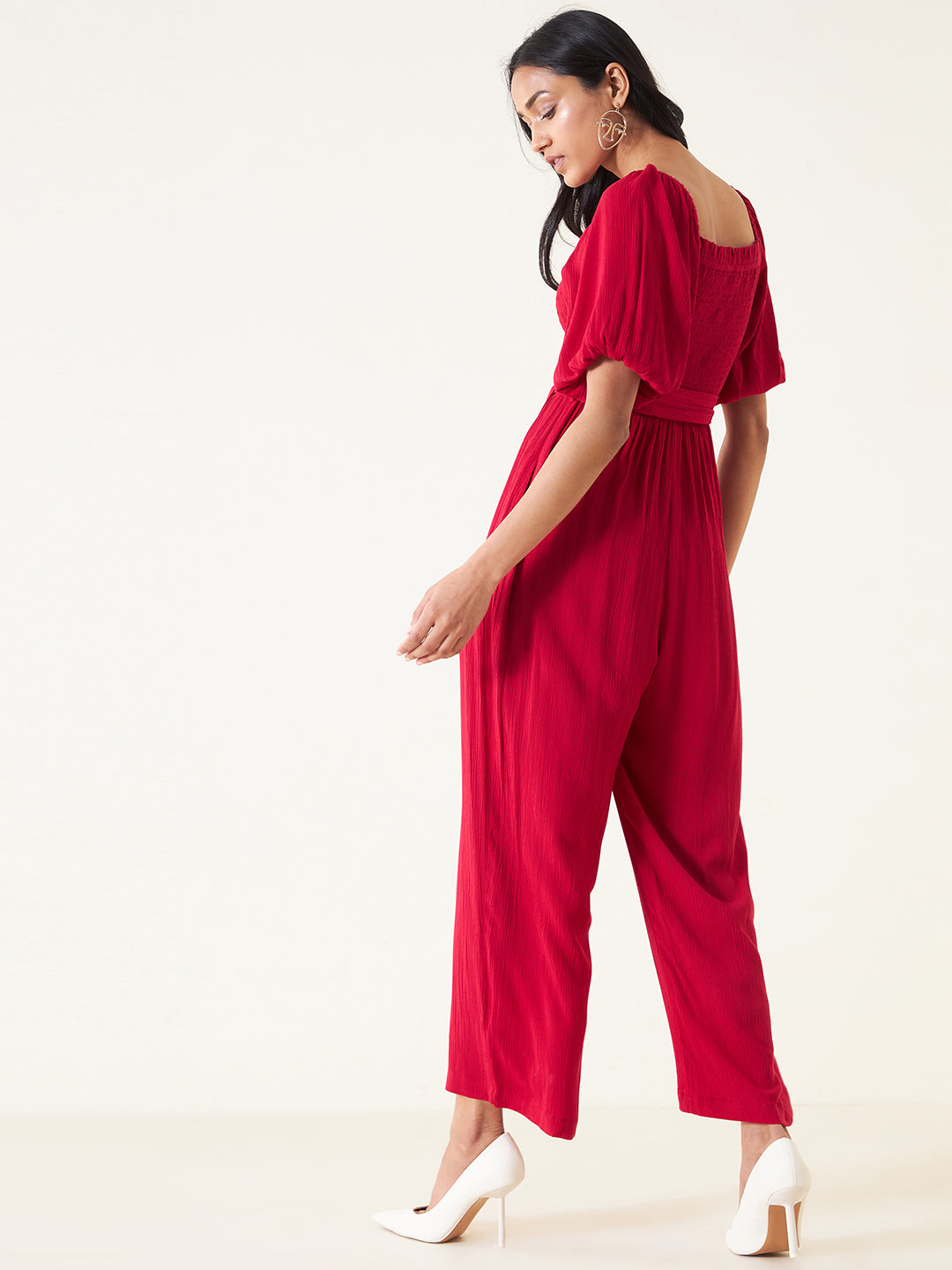All For You Red Smocked Jumpsuit