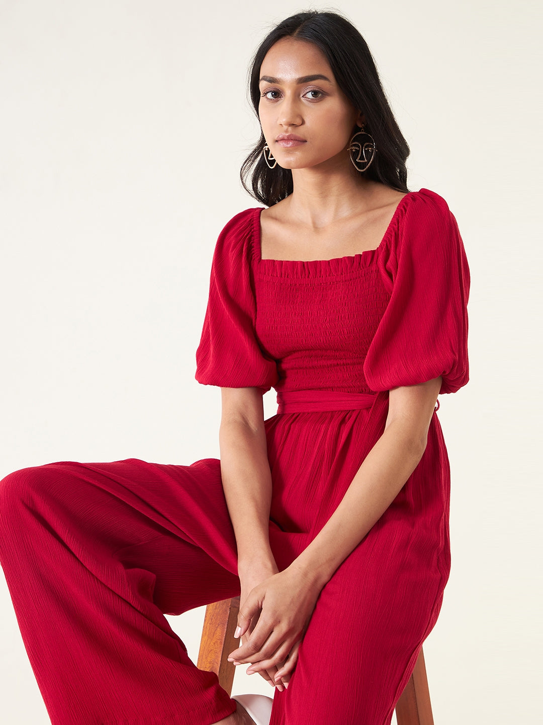 All For You Red Smocked Jumpsuit