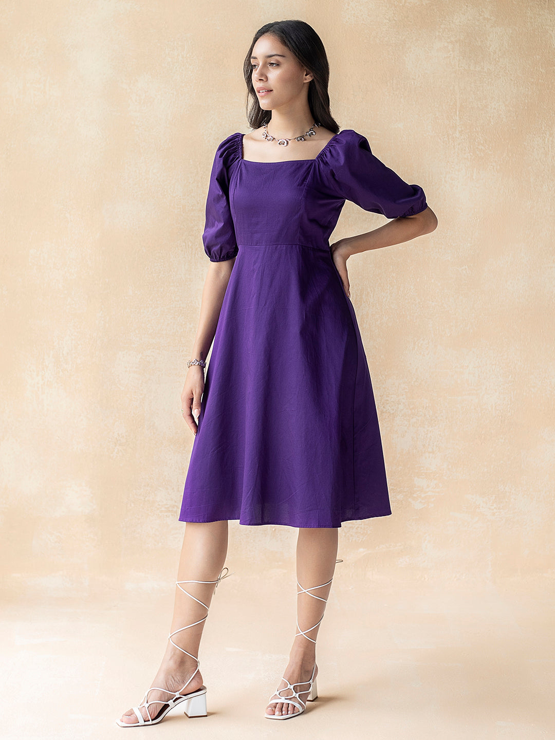 Purple Cotton Bow Midi Dress